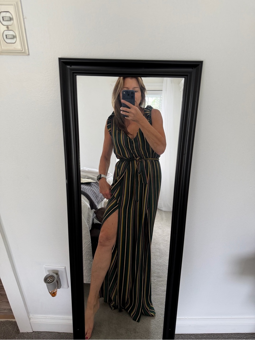Striped V-Neck Sleeveless Maxi Dress with Tie Waist - Green/Yellow Stripe